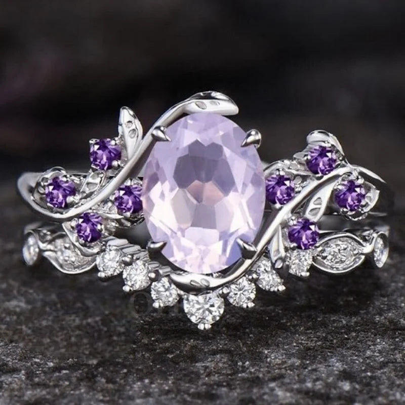 Stylish leaf branches shape purple zircon inlaid women's ring