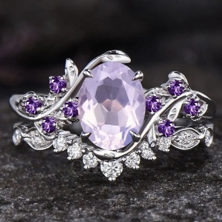 Stylish leaf branches shape purple zircon inlaid women's ring