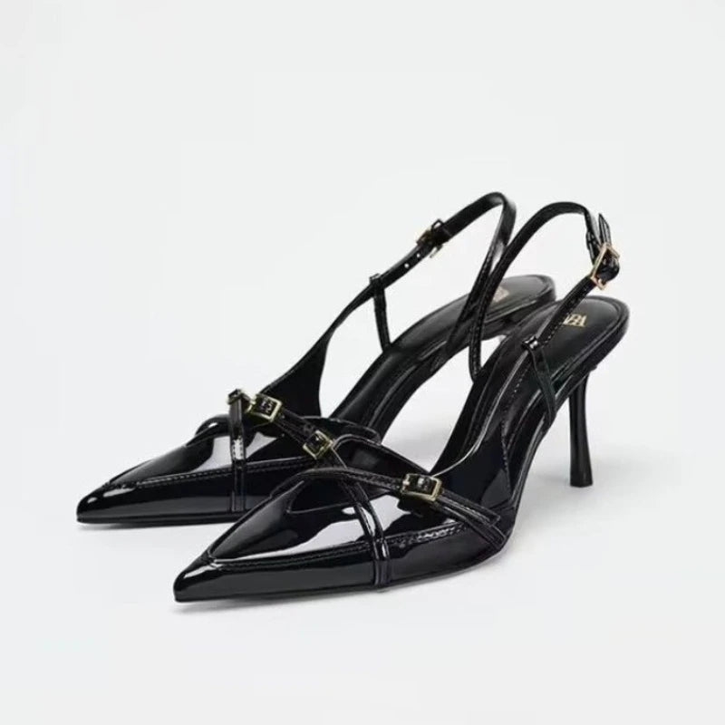 Women’s black open cross-strap pointed-toe slingback high heels with slim stiletto