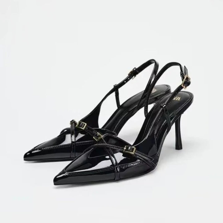 Women’s black open cross-strap pointed-toe slingback high heels with slim stiletto