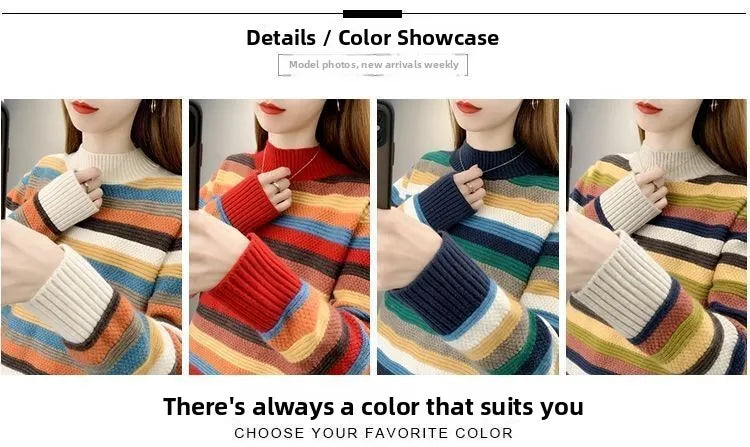 A promotional collage showing four women wearing striped knit sweaters in different colorways, with text reading 'Details / Color Showcase' and 'There's always a color that suits you CHOOSE YOUR FAVORITE COLOR'.