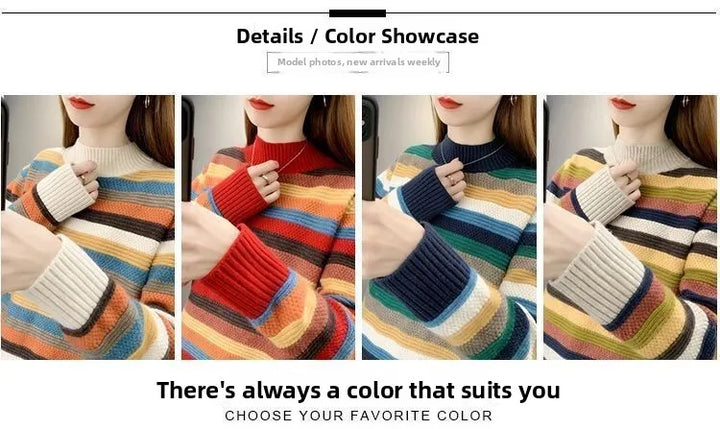 A promotional collage showing four women wearing striped knit sweaters in different colorways, with text reading 'Details / Color Showcase' and 'There's always a color that suits you CHOOSE YOUR FAVORITE COLOR'.