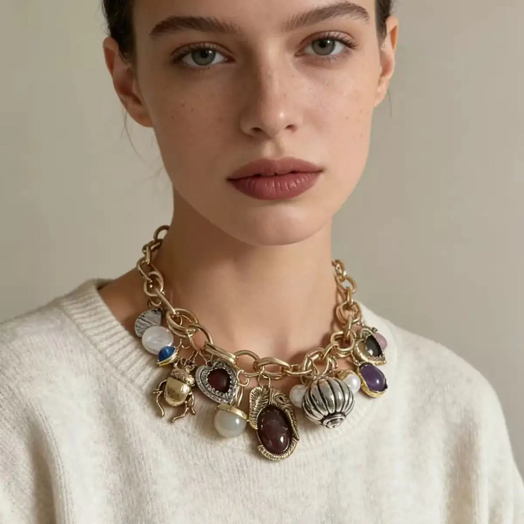 Women's Necklaces - Retro Shell Heart Stone Pendant Choker Gold Silver