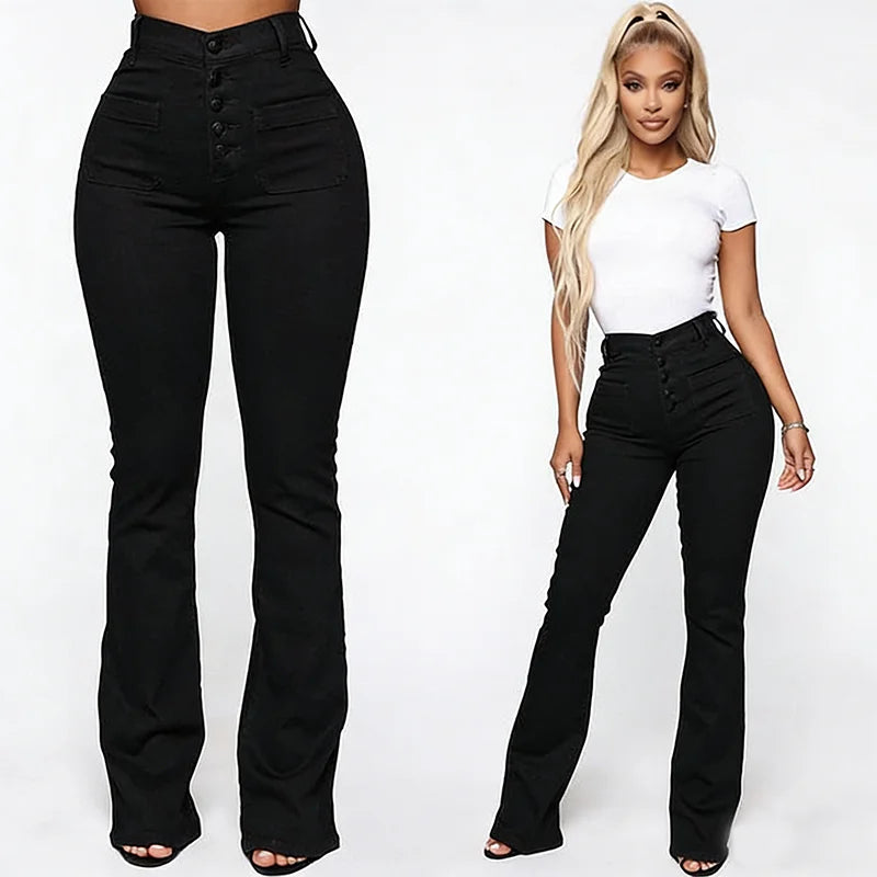 Black high-waist denim jeans with button fly and flap pocket detail