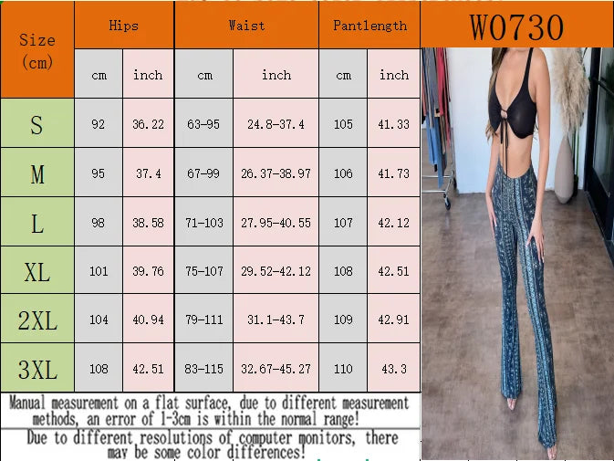 Size chart for low-waist flare pants, W0730 with hip, waist, and pant length