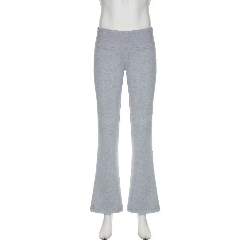Gray bootcut dress pants with hidden elastic waist, fitted through hips