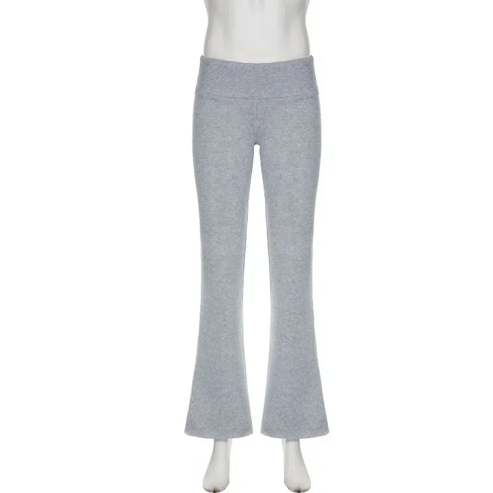 Gray bootcut dress pants with hidden elastic waist, fitted through hips