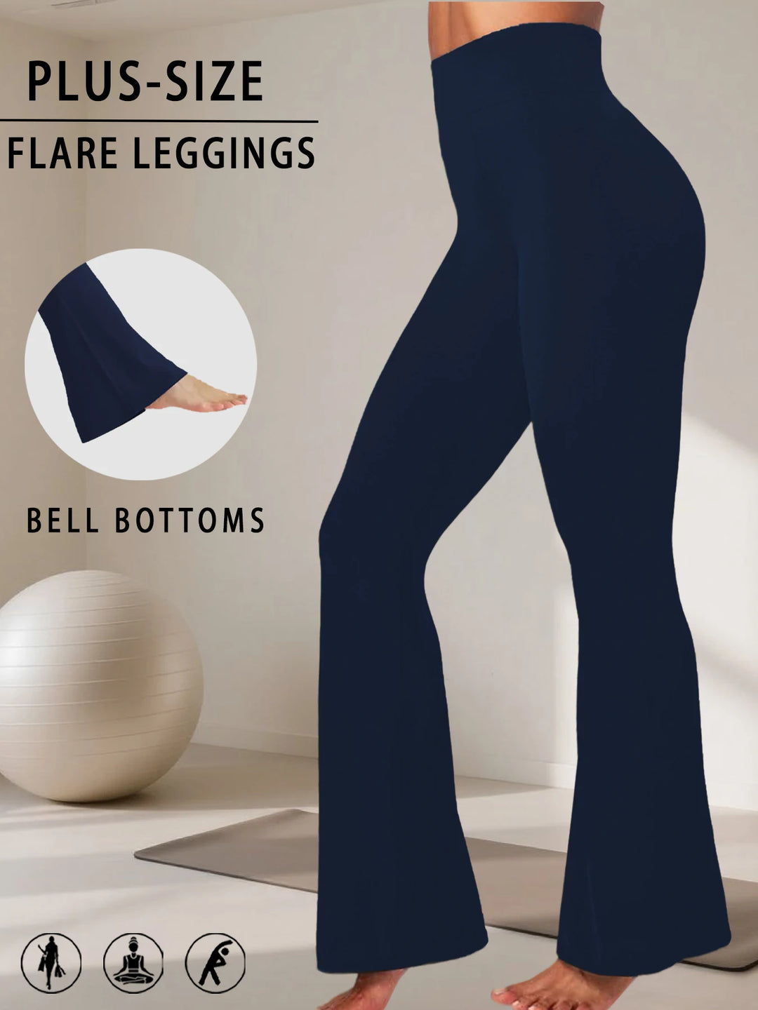 Navy blue plus-size flare leggings with bell-bottoms design on a neutral background.