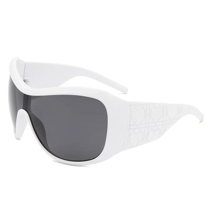 White sunglasses with a large black lens on a white background