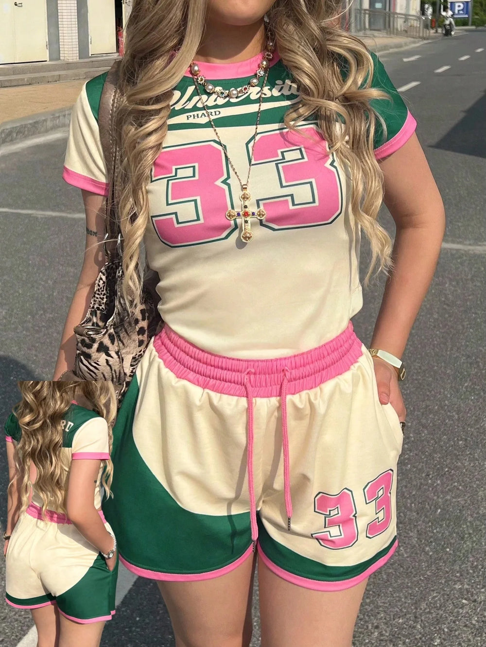 Jersey print tee and shorts set, cream with green panels and pink trim, number graphic 33