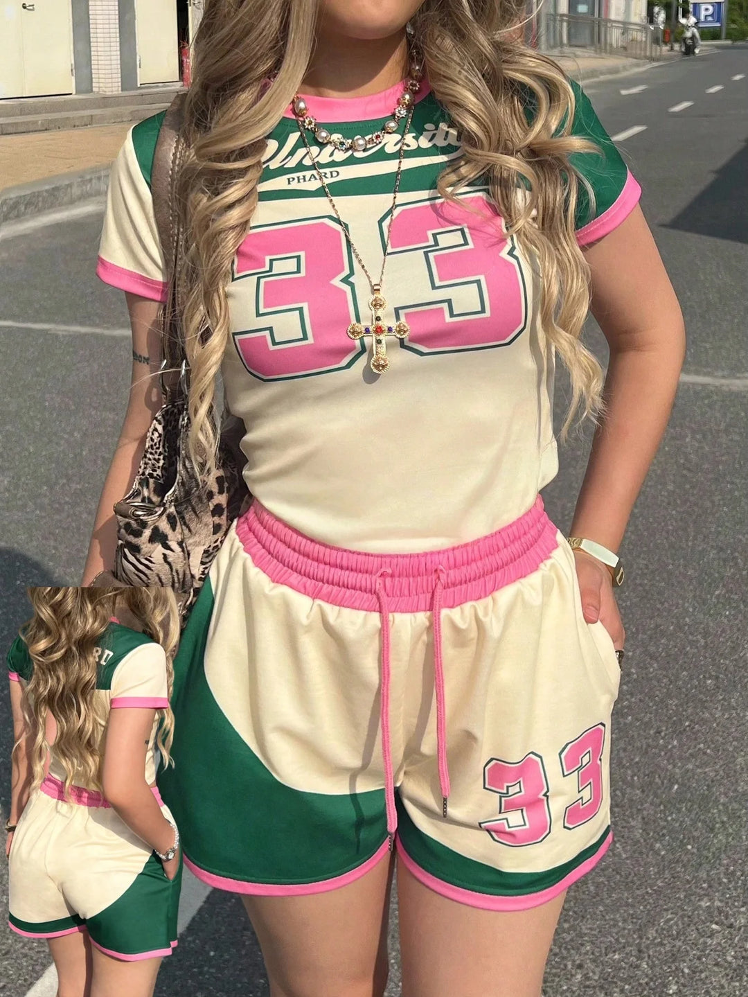 Jersey print tee and shorts set, cream with green panels and pink trim, number graphic 33