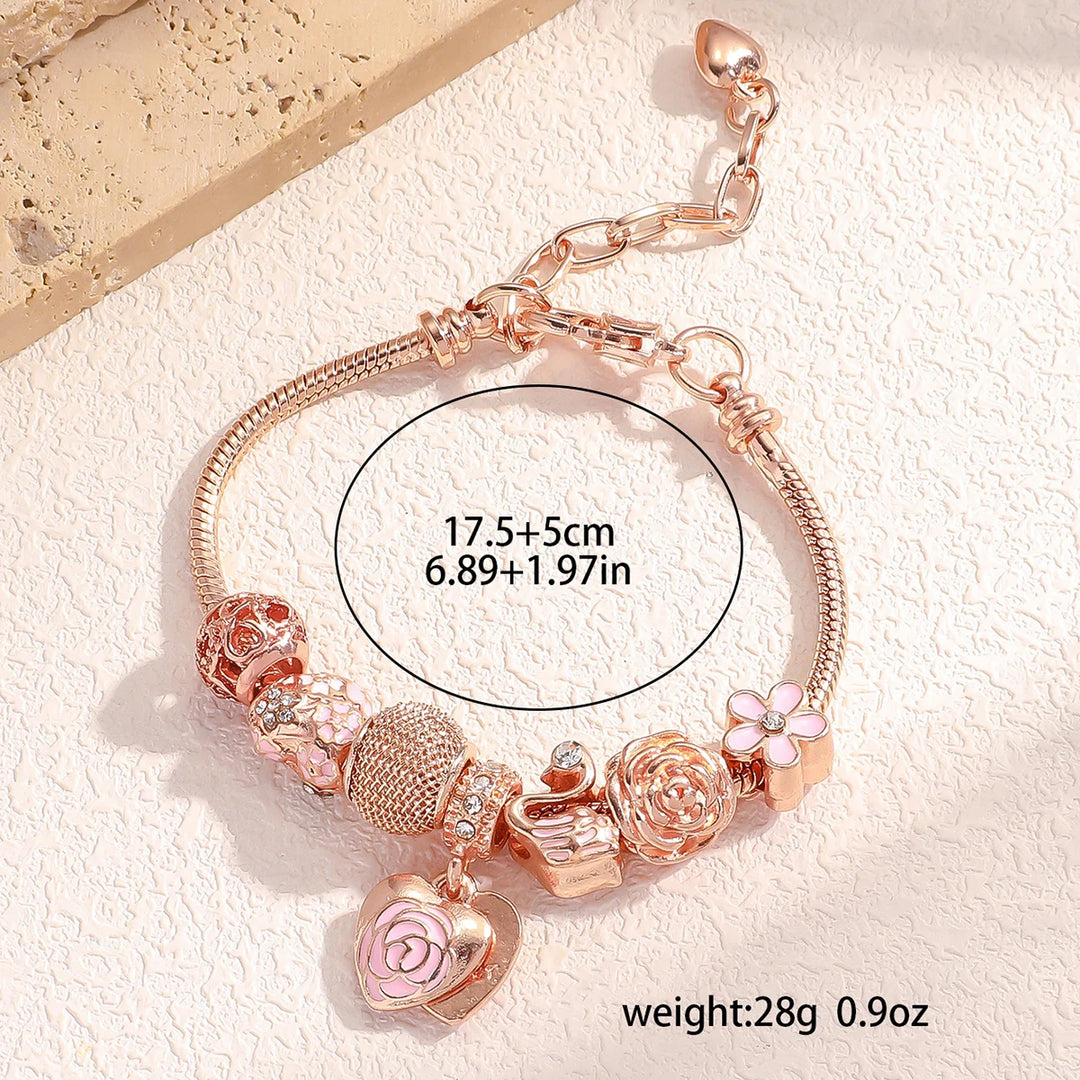 Rose gold charm bracelet with rose and pink flower charms; size/weight graphic not shown