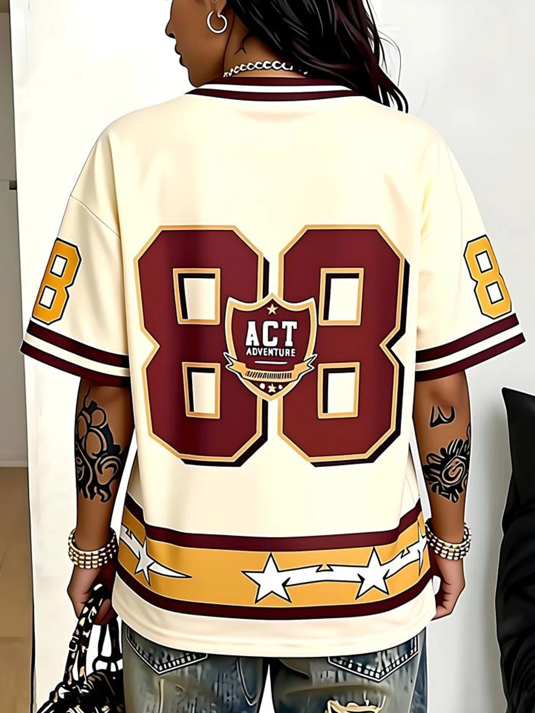 Urban Street Hip Number Printed Graphics Short Sleeve V-Neck Plus Size Women's Jerseys