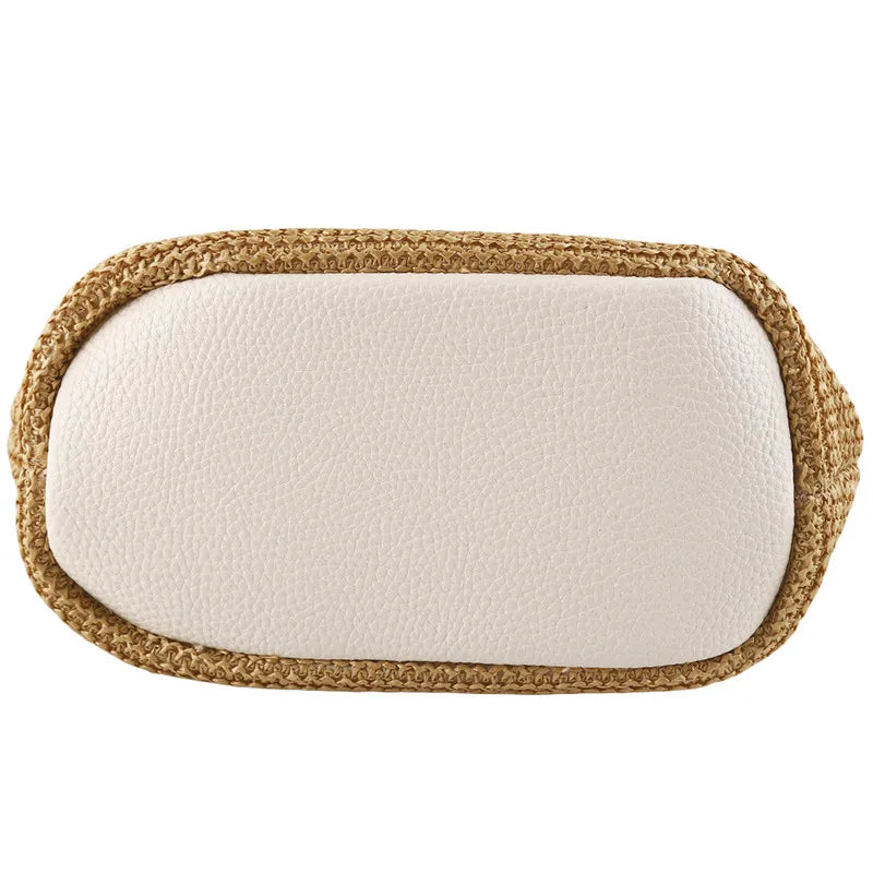Beige woven bucket handbag base with smooth light leather-look panel and tan trim