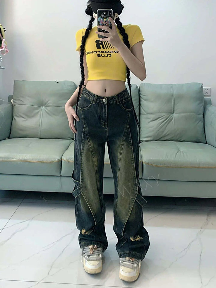 Washed Denim Ripped Baggy Cargo Low-waist Jeans