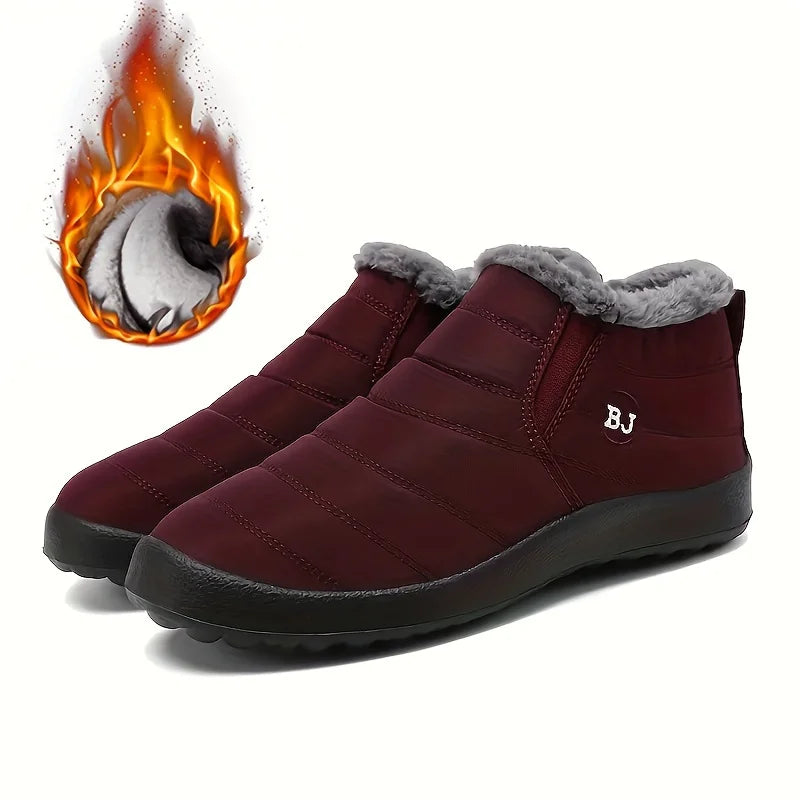 Maroon winter boots with gray fur lining on a white background, featuring the brand 'BJ'.