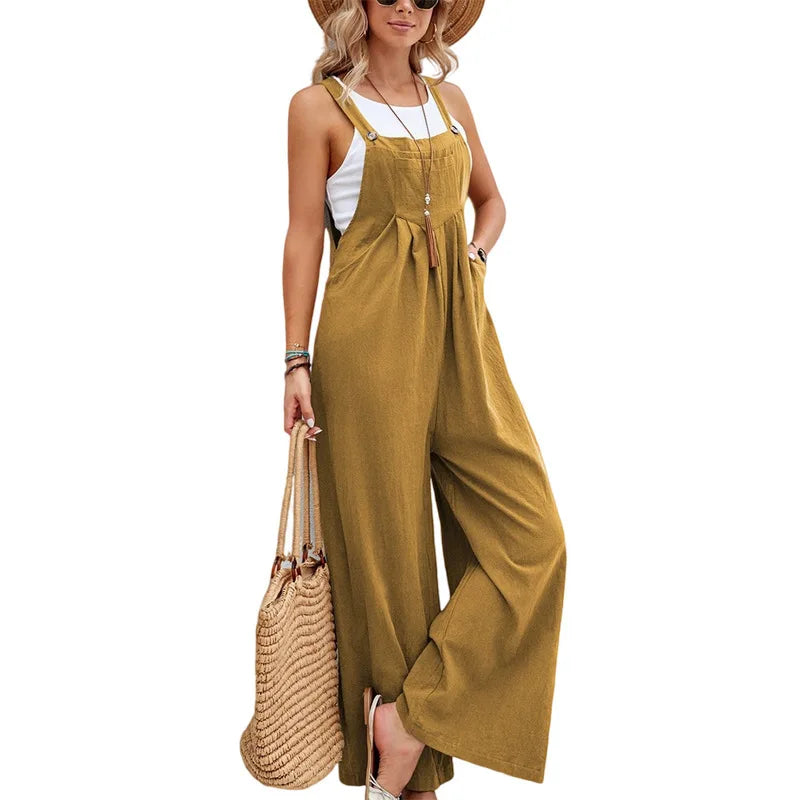 Mustard sleeveless jumpsuit with adjustable straps, gathered bust, and wide legs
