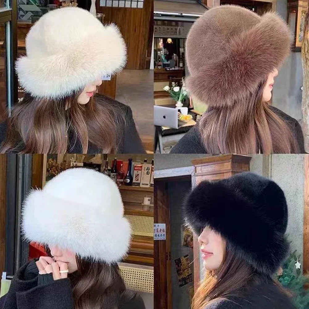 Warm plush faux fur hat, white rounded dome with thick furry brim