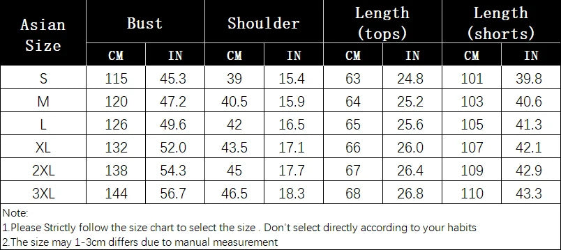 Size chart table for women’s tops and pants set: bust, shoulder, length.