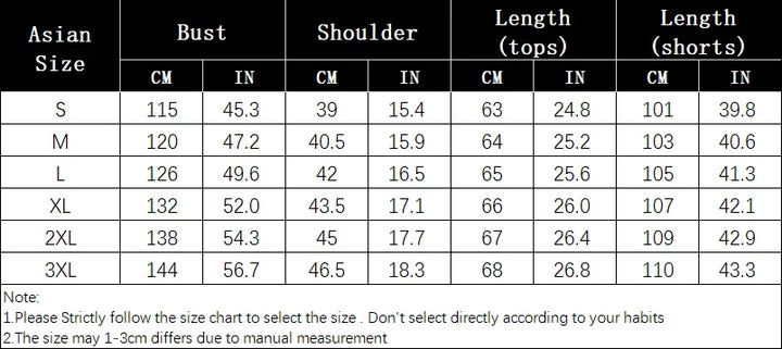 Size chart table for women’s tops and pants set: bust, shoulder, length.