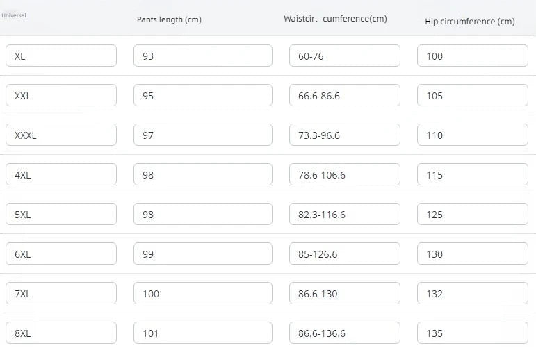 Plus-size pants size chart with waist and hip circumference measurements