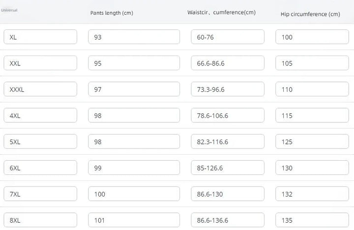 Plus-size pants size chart with waist and hip circumference measurements