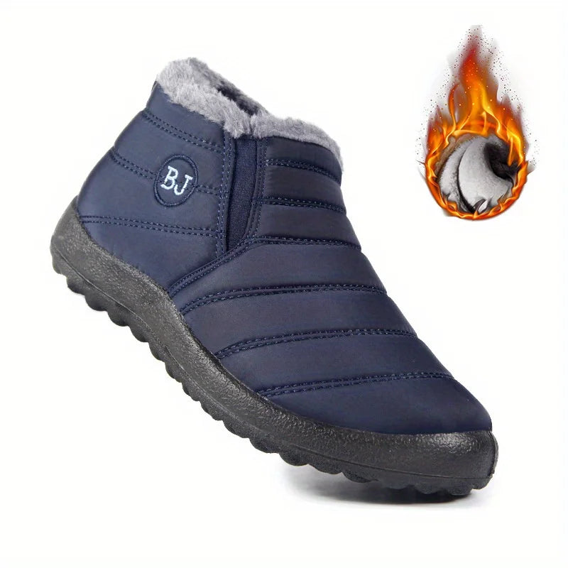 Navy blue winter boot with gray lining and BJ logo on a white background