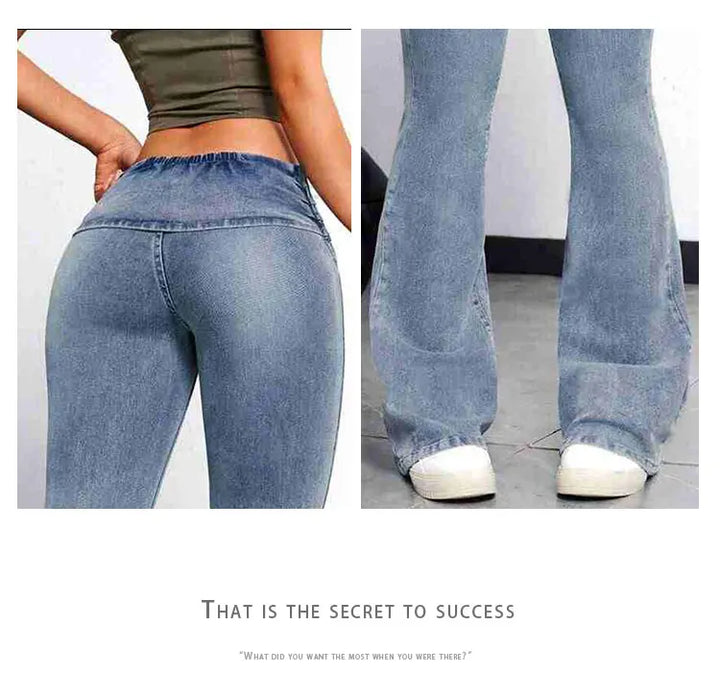 Close-up of blue jeans with text 'That is the secret to success' at the bottom.