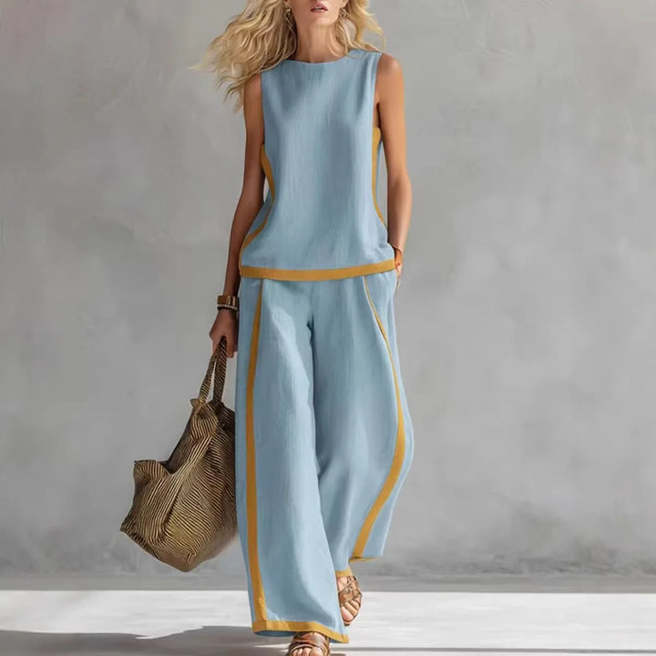 Light blue sleeveless tank and wide-leg pants set with contrast yellow trim.