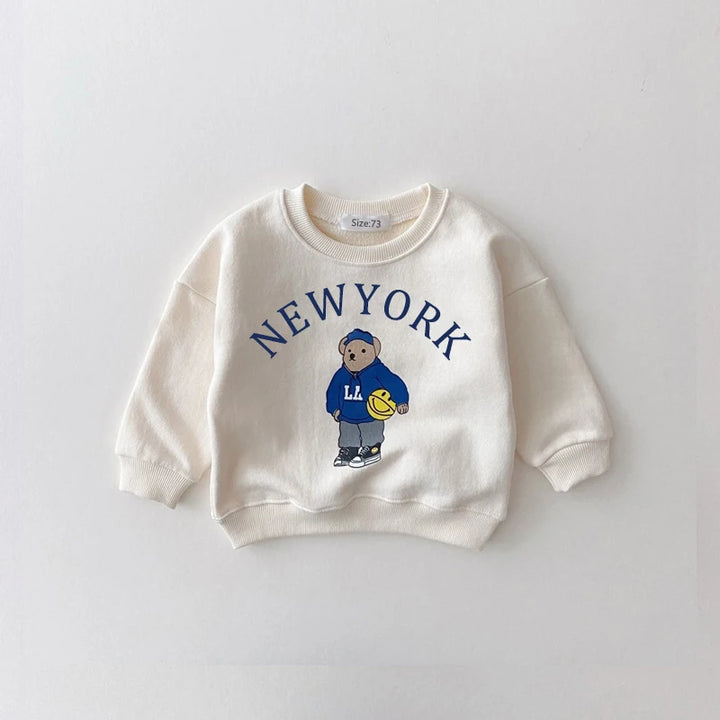 Cartoon Bear New York Print Cotton Sweatshirt and Jogger Pants
