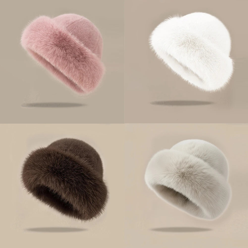 Warm plush faux fur hats color set: pink, white, brown, and black