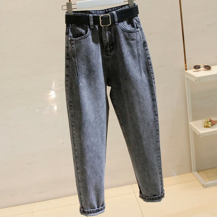 Women’s denim harem jeans with high waist, black belt, wide straight legs