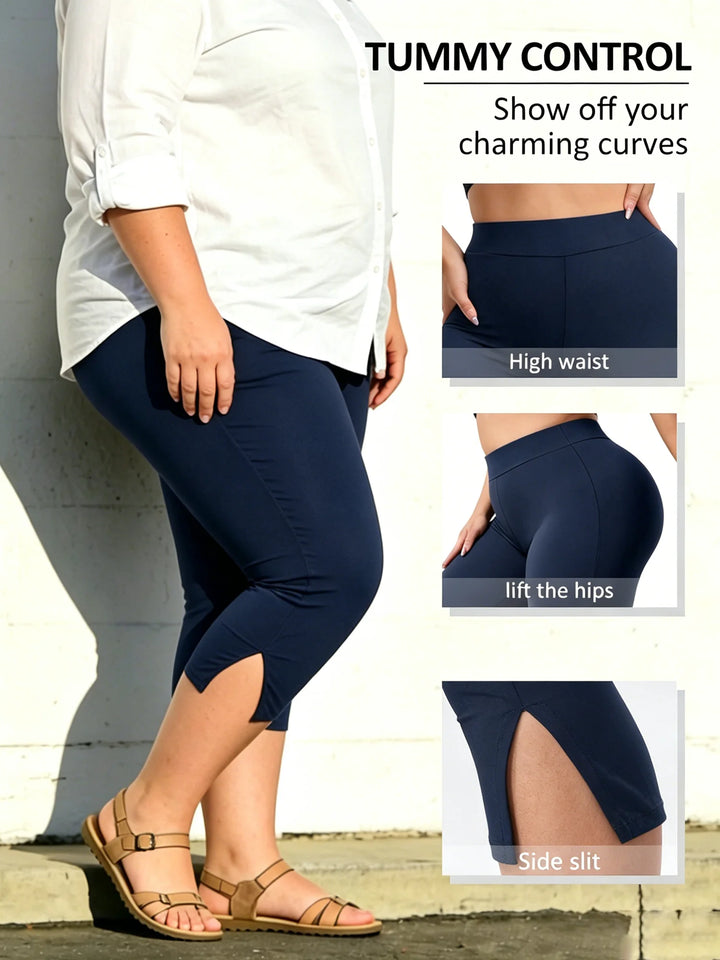 Navy blue high-waist tummy-control capri leggings with side slits