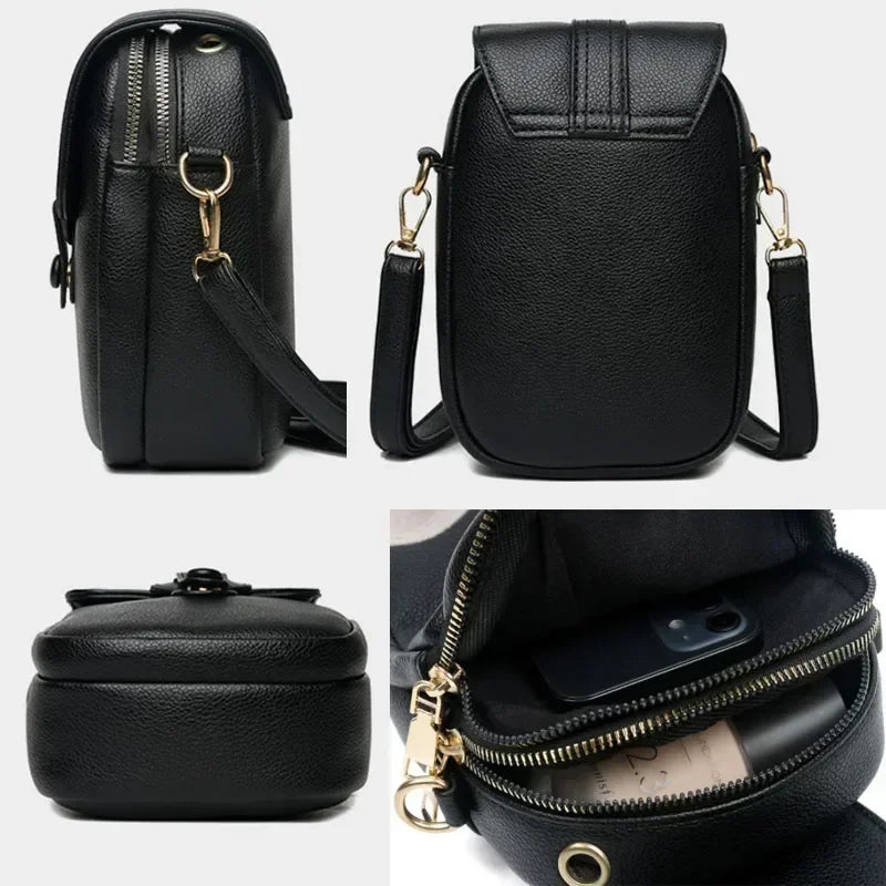 Black small crossbody handbag with top zipper, flap front, and adjustable strap