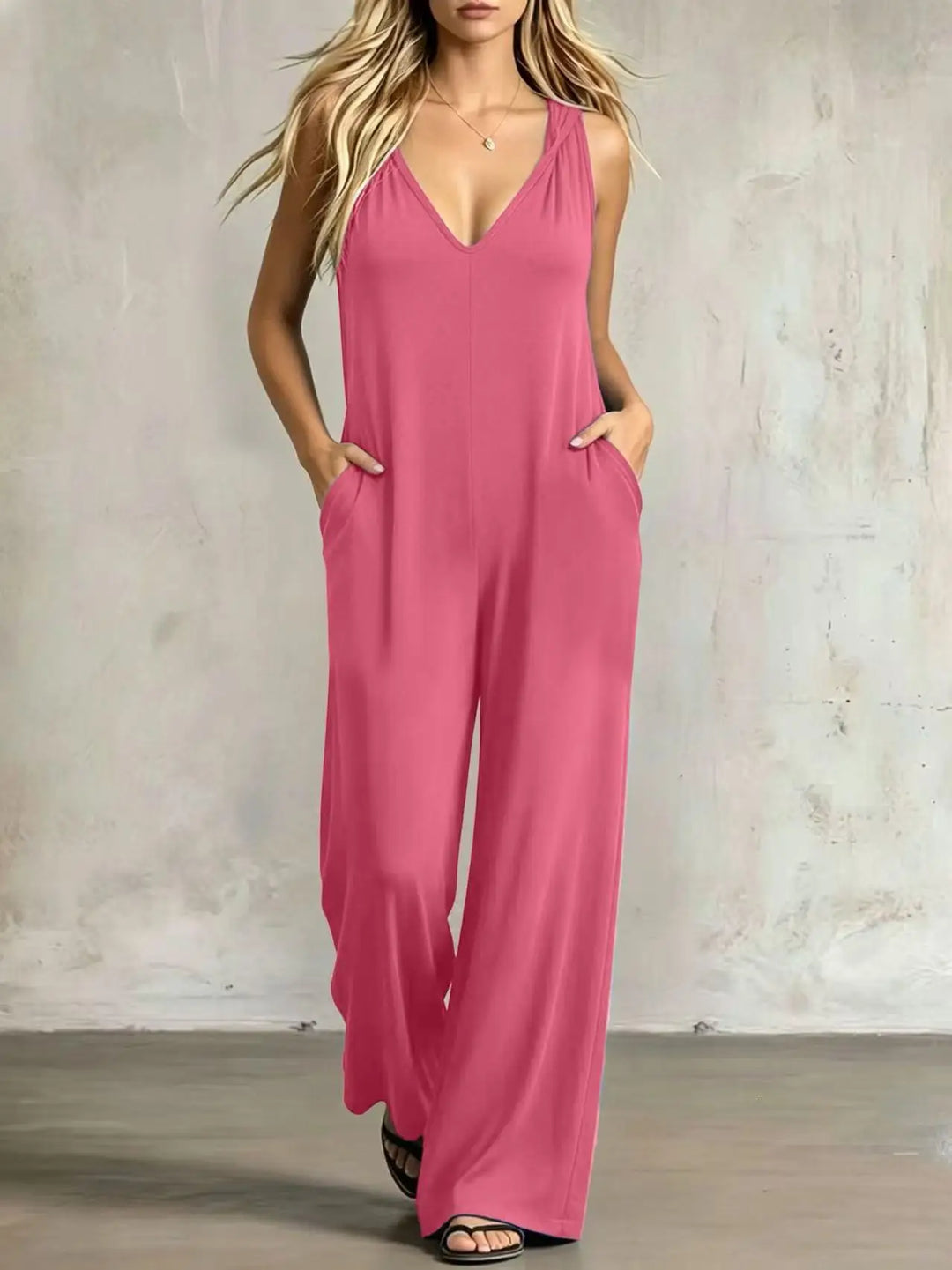 Women's sleeveless V-neck wide-leg jumpsuit, rose pink solid color