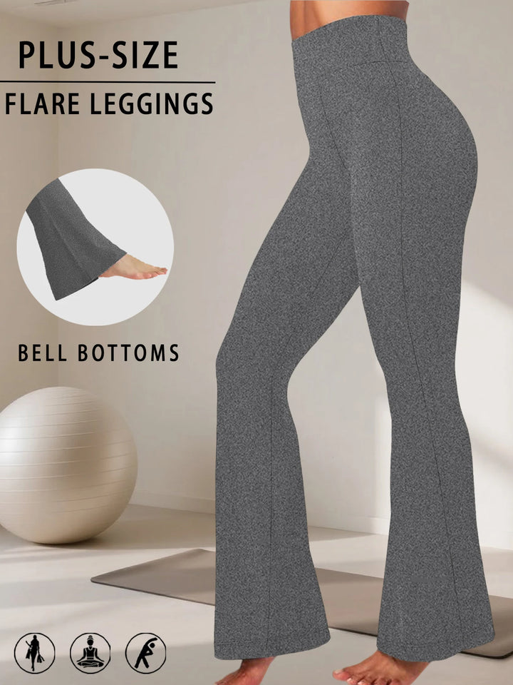 Gray plus-size flare leggings with bell-bottoms design on a neutral background.