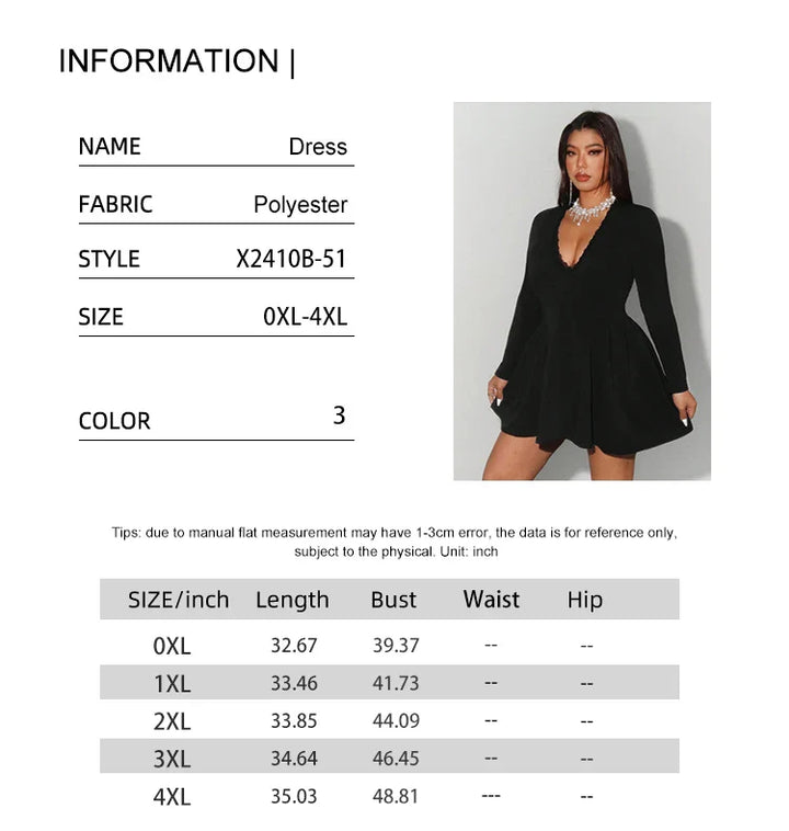 Product information card for a black dress with size chart and model wearing the dress.
