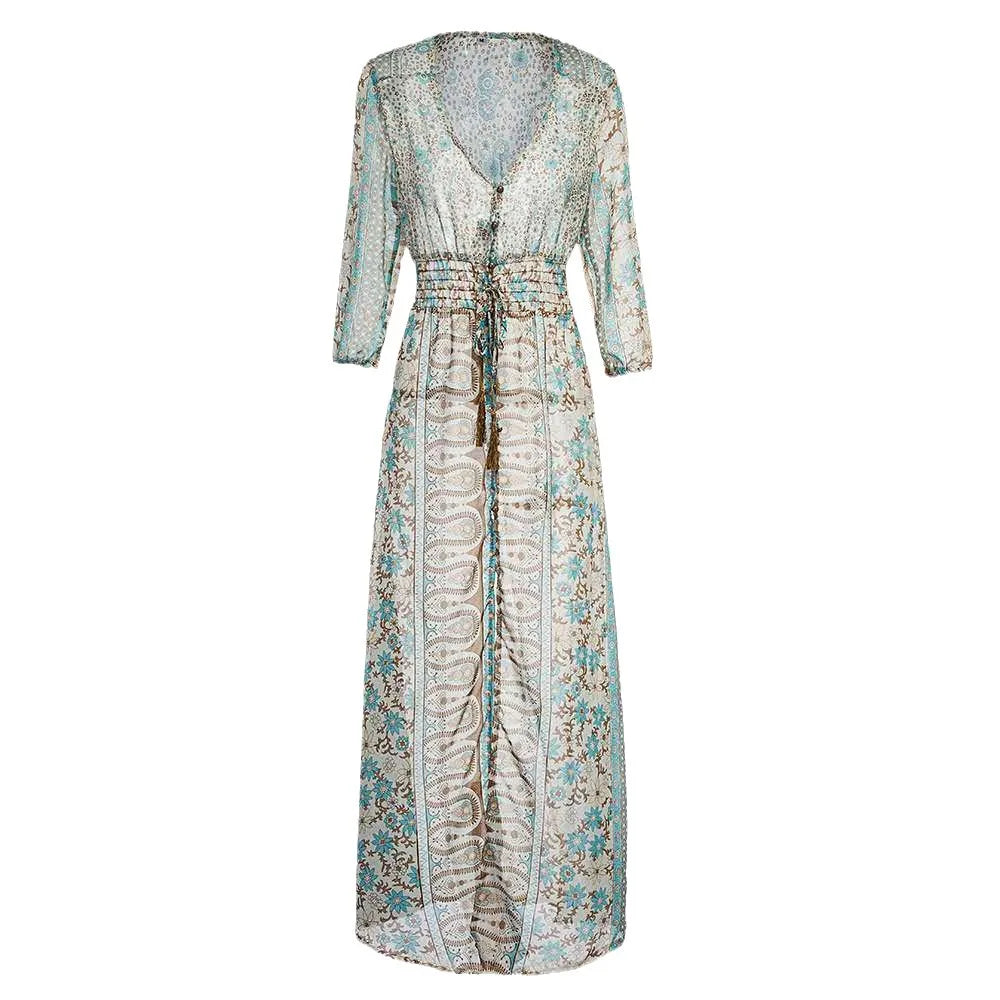 Maxi dress with V-neck, three-quarter sleeves, gathered waist, floral paisley print