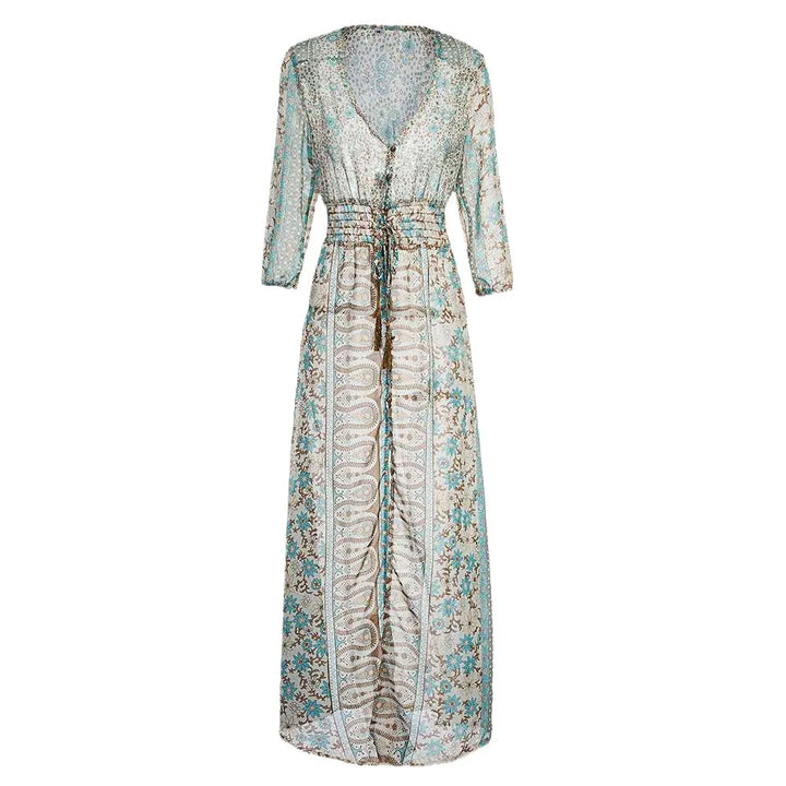 Maxi dress with V-neck, three-quarter sleeves, gathered waist, floral paisley print