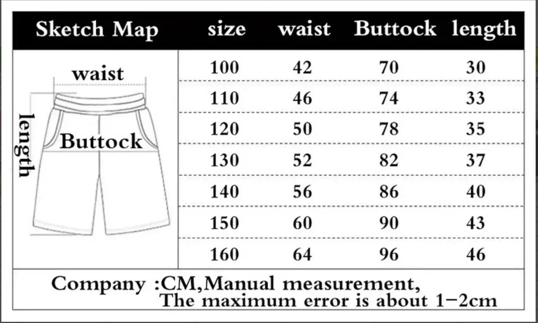 Shorts size sketch map with waist and but­tock sizing table and length measurements