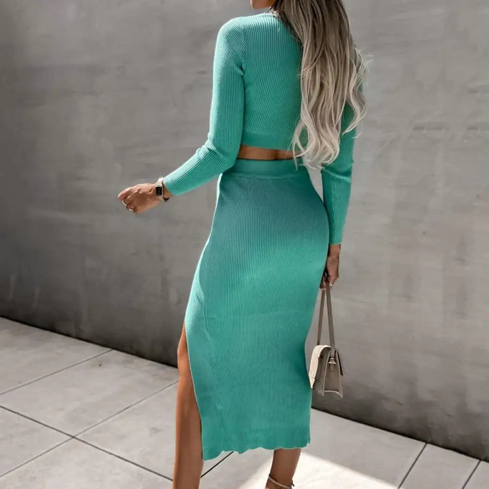 Flirty Slim Fit Breathable Crop Top and High Split Skirt Sets
