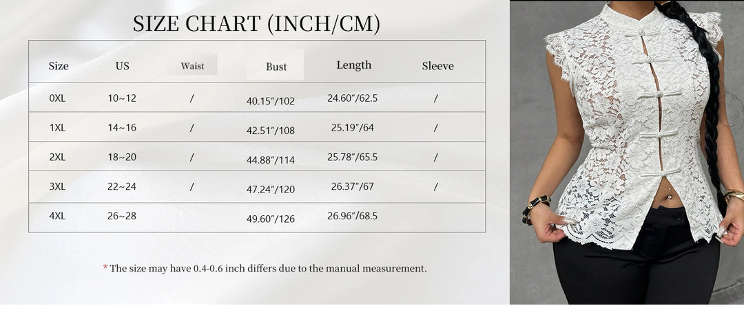 Size chart and white sleeveless lace blouse with frog-button front