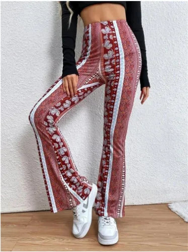 Red patterned low-rise flare pants with wide bell legs