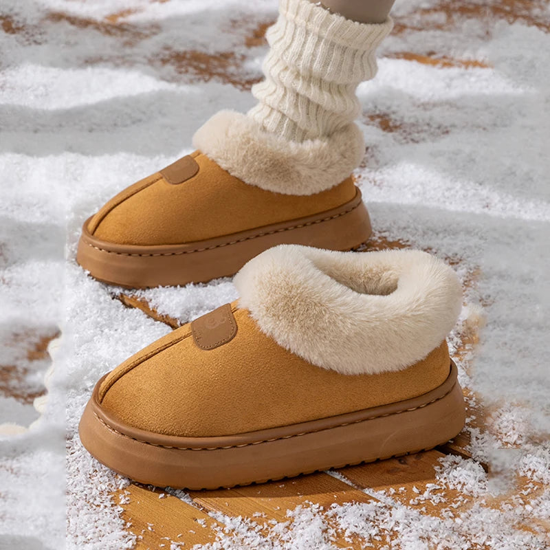 Women’s tan winter snow boots with thick plush sherpa lining and slip-on pull loop