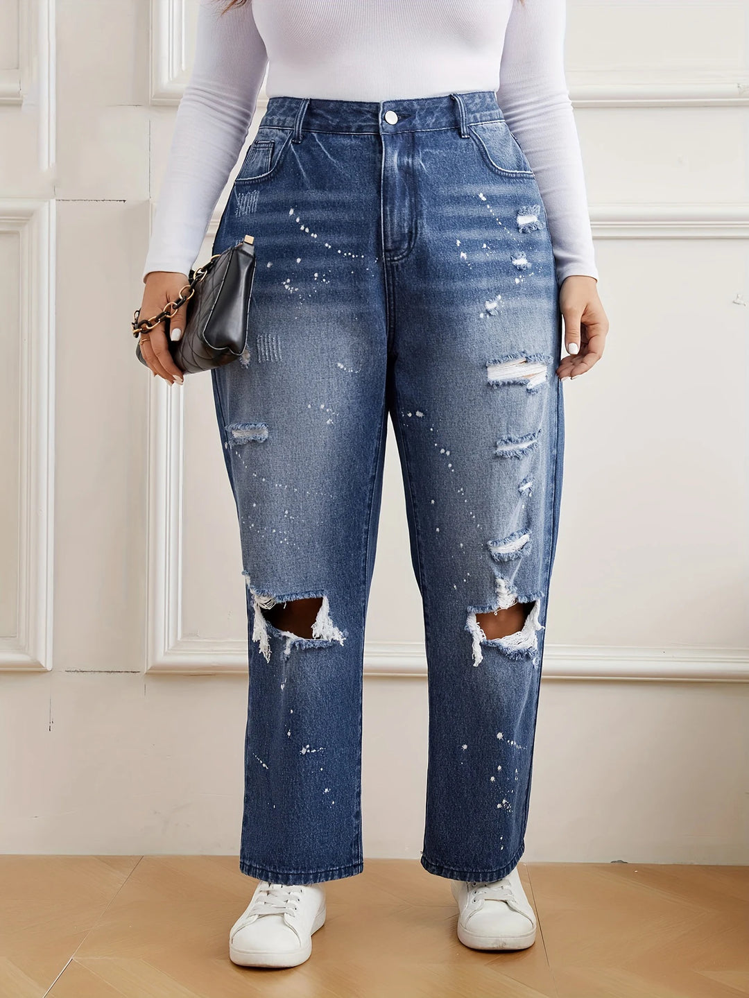 Destroyed Ripped Hole Zipper-fly Plus Size Denim Jeans