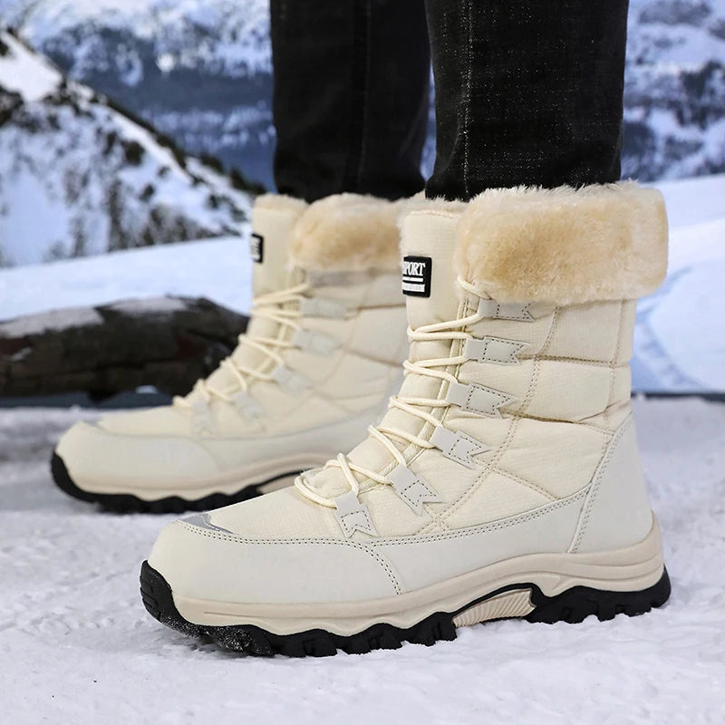 Women’s winter snow boots in light beige with lace-up closure and soft faux-fur collar.