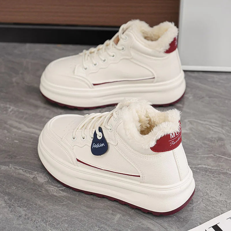 White lace-up platform sneakers with plush fur lining and side stripe accents
