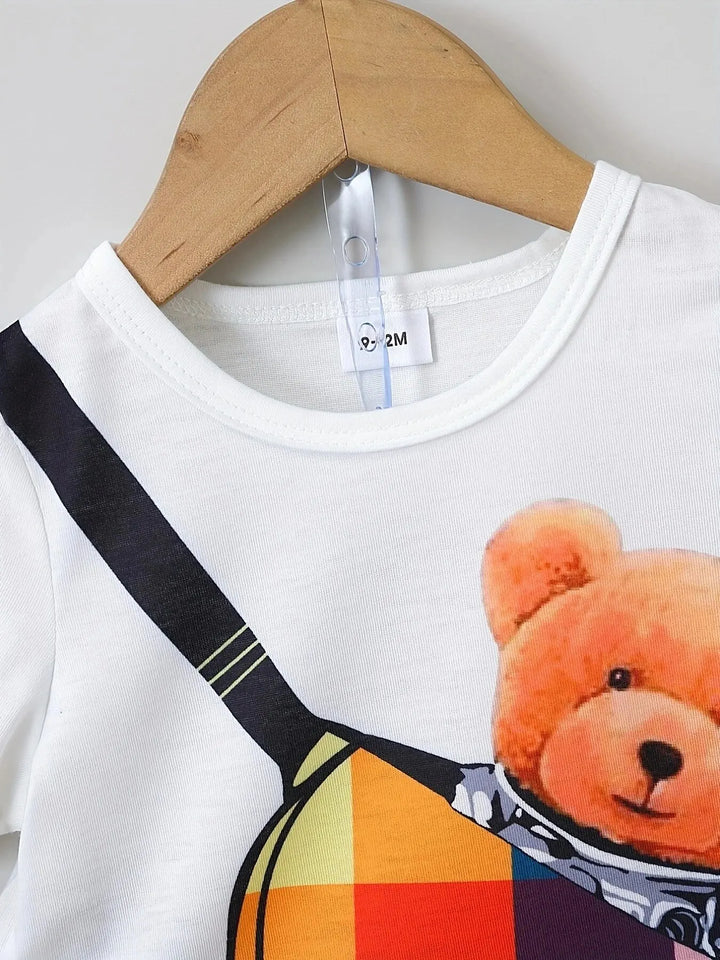 Preppy Cartoon Slant Bag Bear Graphic T-shirt and Plaid Shorts Set