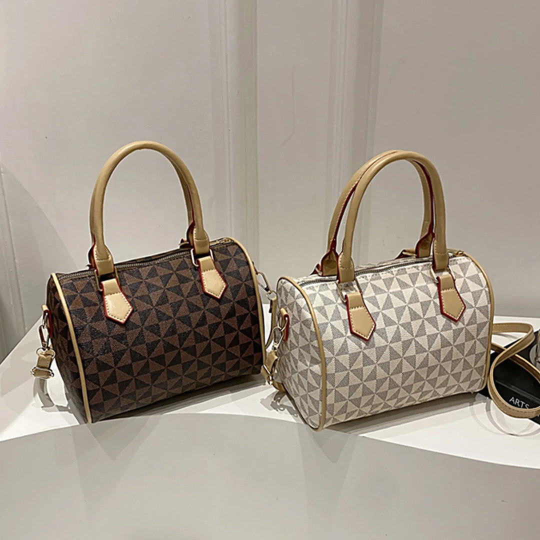 Coffee-brown PU crossbody handbag with geometric triangle print, top handles, adjustable strap
