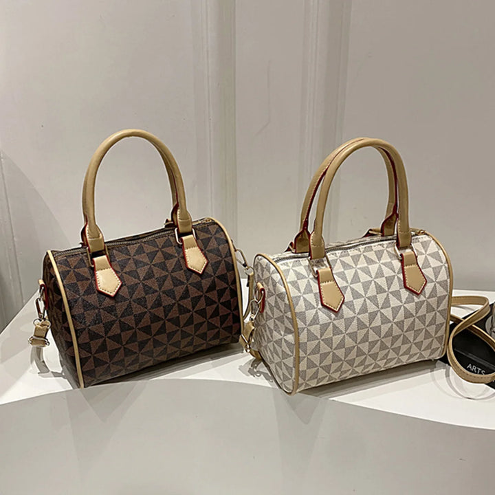 Coffee-brown PU crossbody handbag with geometric triangle print, top handles, adjustable strap